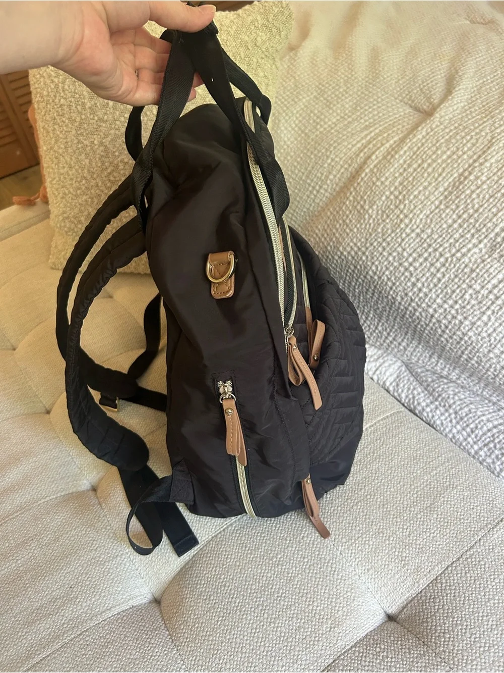 Skip Hop 6 in 1 Black Quilted Diaper Backpack with Tan Trim and Accessories